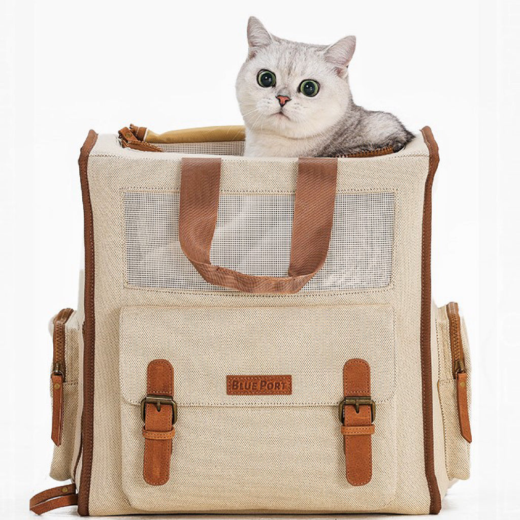 Stilvoller Vintage-Haustier-Rucksack für Hunde & Katzen, wasserabweisender Polyester-Reiserucksack mit Seitenöffnung, abnehmbarer Bodenmatte