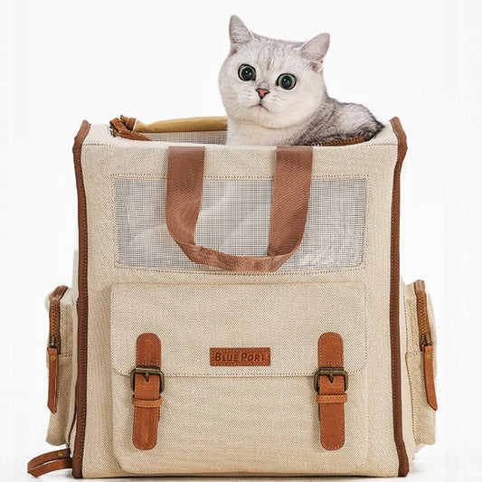 Stilvoller Vintage-Haustier-Rucksack für Hunde & Katzen, wasserabweisender Polyester-Reiserucksack mit Seitenöffnung, abnehmbarer Bodenmatte
