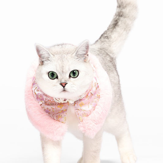 Chinesischer Hanfu Hundekragen Cloud Shoulder, Brokat Haustier Schal mit Kunstfell & Perlen-Verzierung