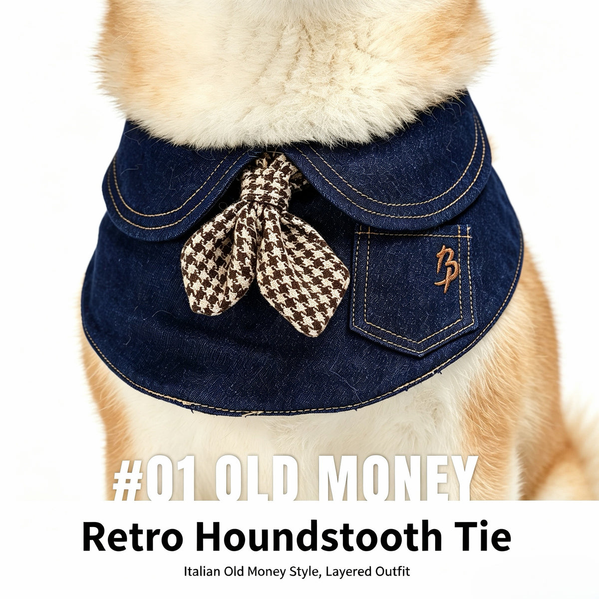Vintage Jeans Hundekragen mit Krawatte im Hahnentritt-Muster, Old Money Stil Falscher Kragen Lätzchen für Hunde & Katzen