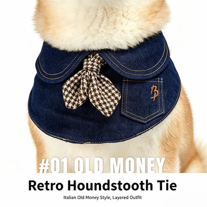 Vintage Jeans Hundekragen mit Krawatte im Hahnentritt-Muster, Old Money Stil Falscher Kragen Lätzchen für Hunde & Katzen