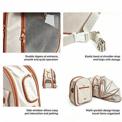Zweiseitig erweiterbarer Polyester‑Haustier‑Rucksack, wasserabweisend abriebfest, 2 Trageweisen mit Mehrfachtaschen für Haustiere bis 6kg