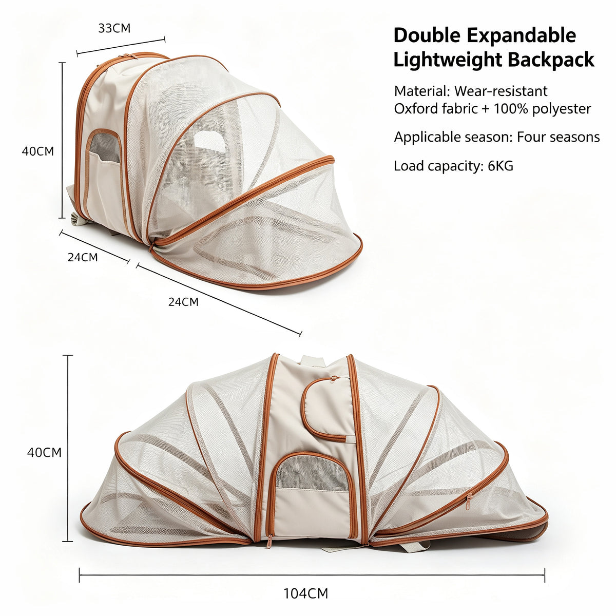 Zweiseitig erweiterbarer Polyester‑Haustier‑Rucksack, wasserabweisend abriebfest, 2 Trageweisen mit Mehrfachtaschen für Haustiere bis 6kg