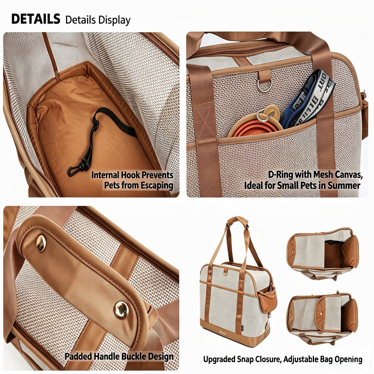 Vintage atmungsaktives Netz‑Haustier‑Tote, Polyester Reisetasche mit abnehmbarem Kissen, faltbarer Regenschutz & Koffergurt