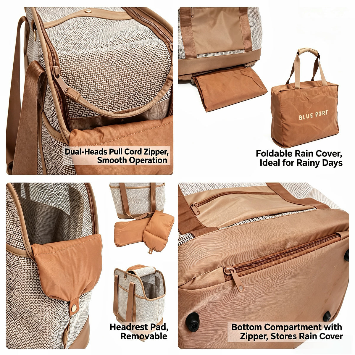 Vintage atmungsaktives Netz‑Haustier‑Tote, Polyester Reisetasche mit abnehmbarem Kissen, faltbarer Regenschutz & Koffergurt