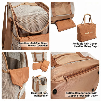 Vintage atmungsaktives Netz‑Haustier‑Tote, Polyester Reisetasche mit abnehmbarem Kissen, faltbarer Regenschutz & Koffergurt