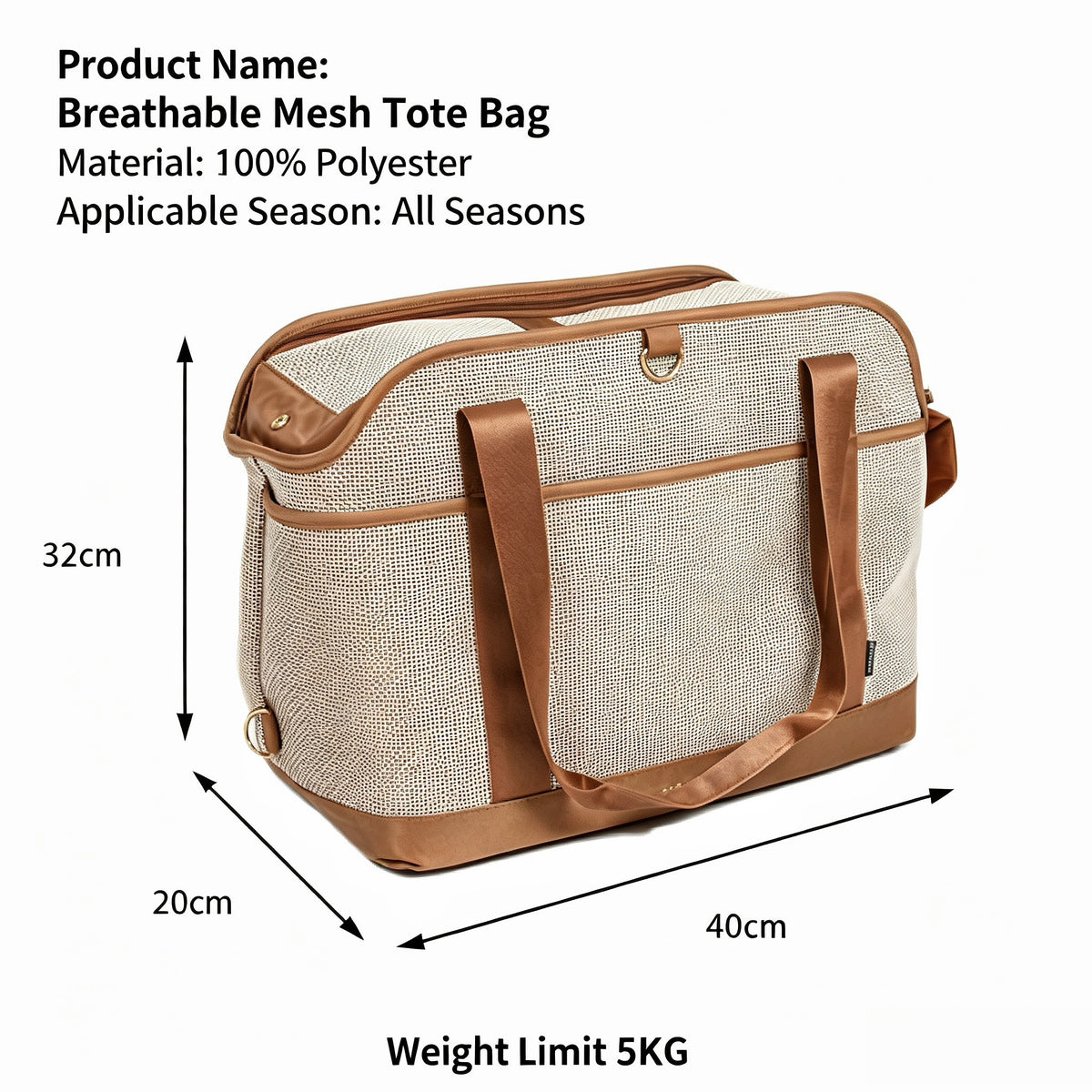 Vintage atmungsaktives Netz‑Haustier‑Tote, Polyester Reisetasche mit abnehmbarem Kissen, faltbarer Regenschutz & Koffergurt
