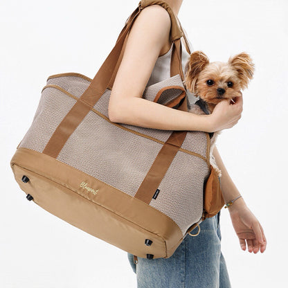 Vintage atmungsaktives Netz‑Haustier‑Tote, Polyester Reisetasche mit abnehmbarem Kissen, faltbarer Regenschutz & Koffergurt