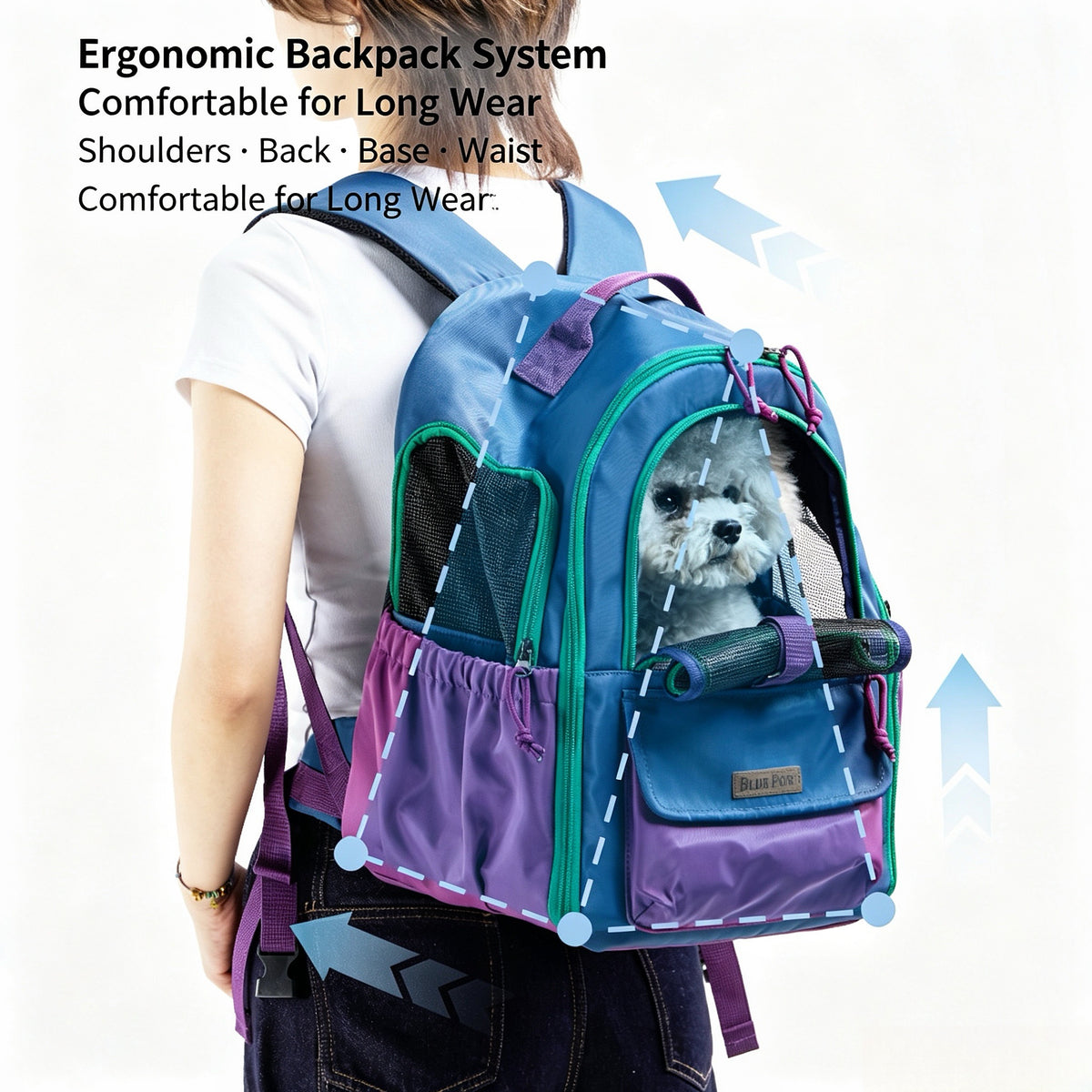 Retro Farbblock, Voröffnung Ausbruchschutz, Ergonomische Atmungsaktive Polyester, Abnehmbare Basis & Mehrfachtaschen, Haustierrucksack
