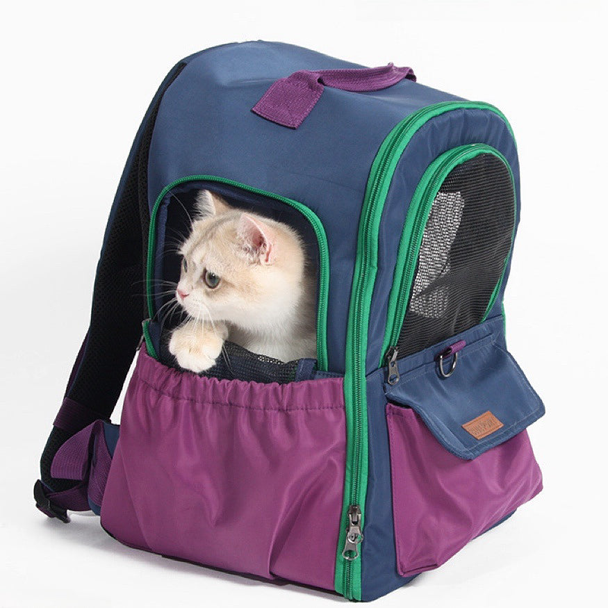 Retro Farbblock, Voröffnung Ausbruchschutz, Ergonomische Atmungsaktive Polyester, Abnehmbare Basis & Mehrfachtaschen, Haustierrucksack