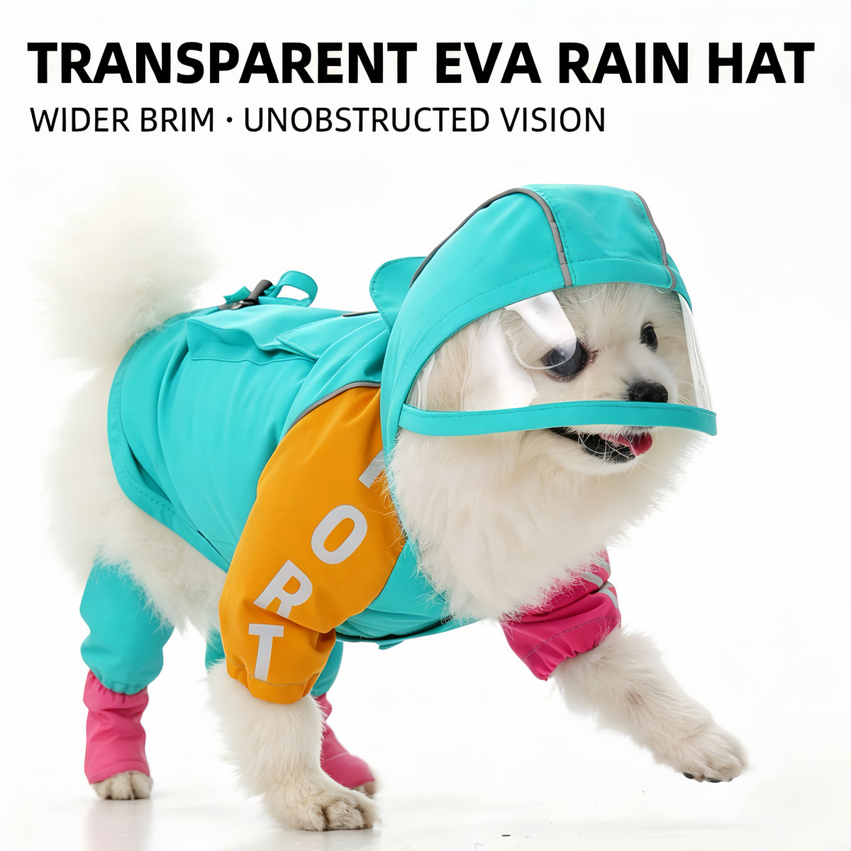 Kontrastfarbiger vierbeiniger Hunderegenmantel, wasserdichter Polyester Regenanzug mit reflektierenden Elementen, transparenter EVA‑Kappe