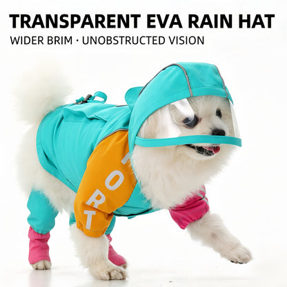 Kontrastfarbiger vierbeiniger Hunderegenmantel, wasserdichter Polyester Regenanzug mit reflektierenden Elementen, transparenter EVA‑Kappe