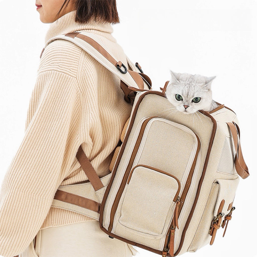 Stilvoller Vintage-Haustier-Rucksack für Hunde & Katzen, wasserabweisender Polyester-Reiserucksack mit Seitenöffnung, abnehmbarer Bodenmatte