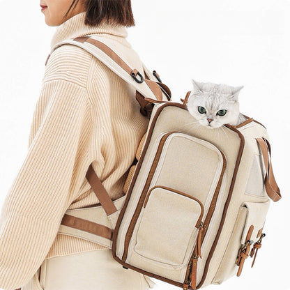 Stilvoller Vintage-Haustier-Rucksack für Hunde & Katzen, wasserabweisender Polyester-Reiserucksack mit Seitenöffnung, abnehmbarer Bodenmatte