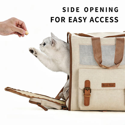 Stilvoller Vintage-Haustier-Rucksack für Hunde & Katzen, wasserabweisender Polyester-Reiserucksack mit Seitenöffnung, abnehmbarer Bodenmatte