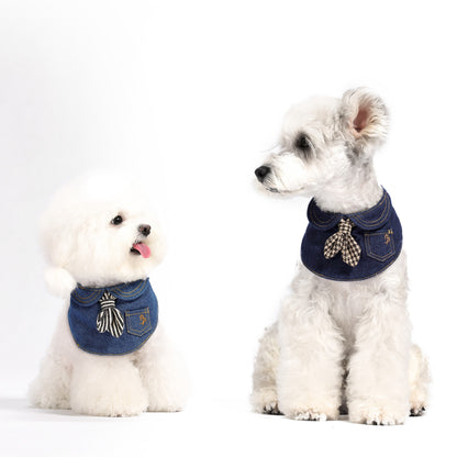 Vintage Jeans Hundekragen mit Krawatte im Hahnentritt-Muster, Old Money Stil Falscher Kragen Lätzchen für Hunde & Katzen