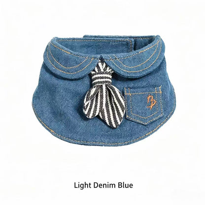 Vintage Jeans Hundekragen mit Krawatte im Hahnentritt-Muster, Old Money Stil Falscher Kragen Lätzchen für Hunde & Katzen