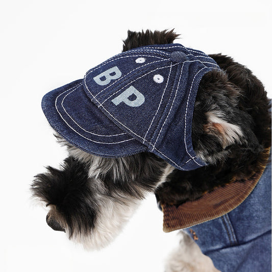 Retro Denim Hundekappe Baseball Cap mit Ohrlöchern und Verstellbarem Kinnriemen, Baumwolle Sonnenschutz Mütze für Hunde und Katzen