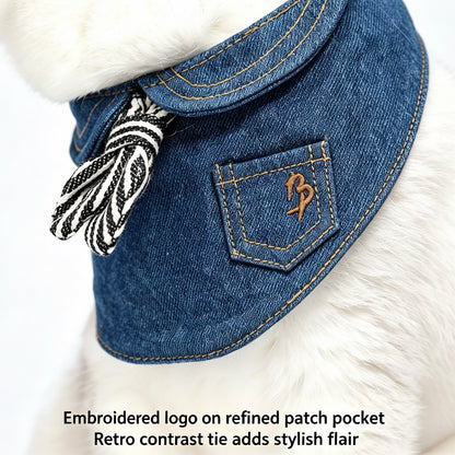 Vintage Jeans Hundekragen mit Krawatte im Hahnentritt-Muster, Old Money Stil Falscher Kragen Lätzchen für Hunde & Katzen