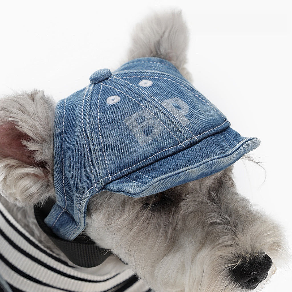 Retro Denim Hundekappe Baseball Cap mit Ohrlöchern und Verstellbarem Kinnriemen, Baumwolle Sonnenschutz Mütze für Hunde und Katzen