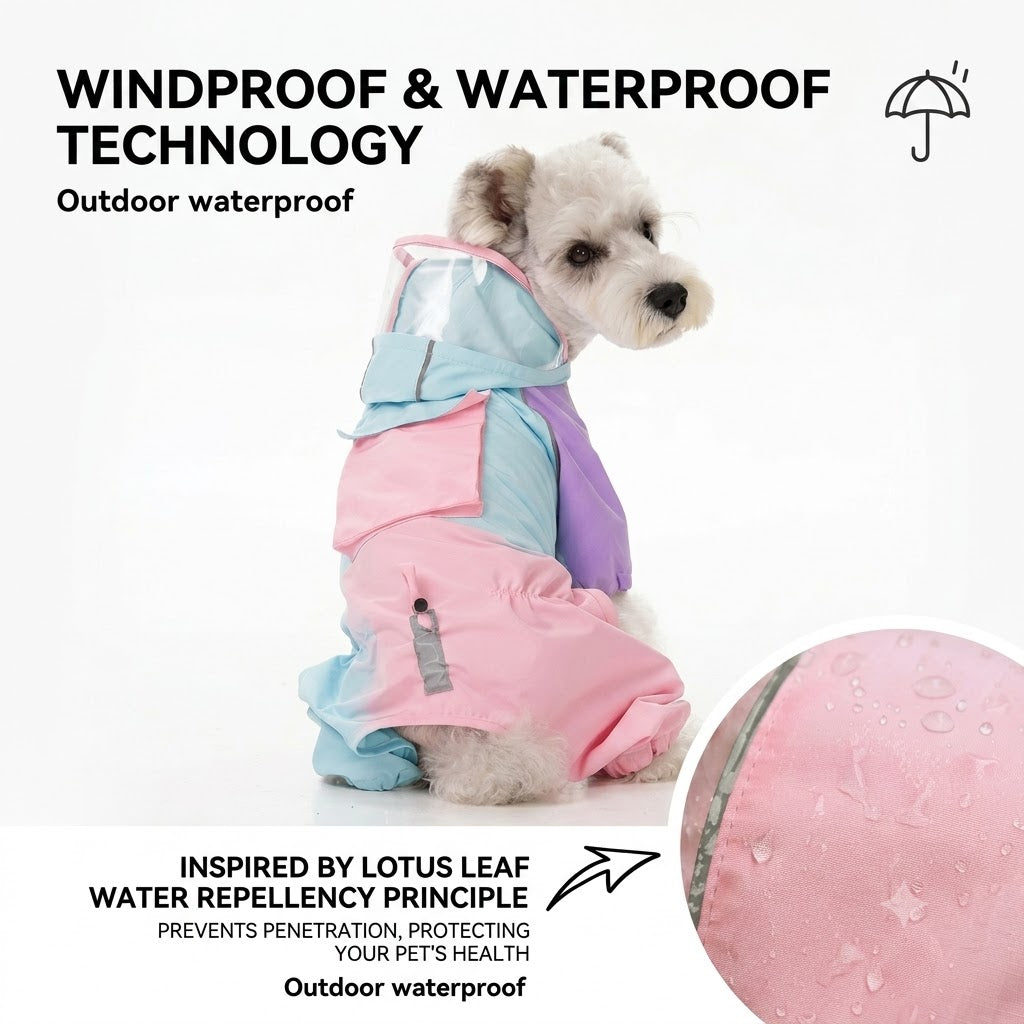 Kontrastfarbiger vierbeiniger Hunderegenmantel, wasserdichter Polyester Regenanzug mit reflektierenden Elementen, transparenter EVA‑Kappe